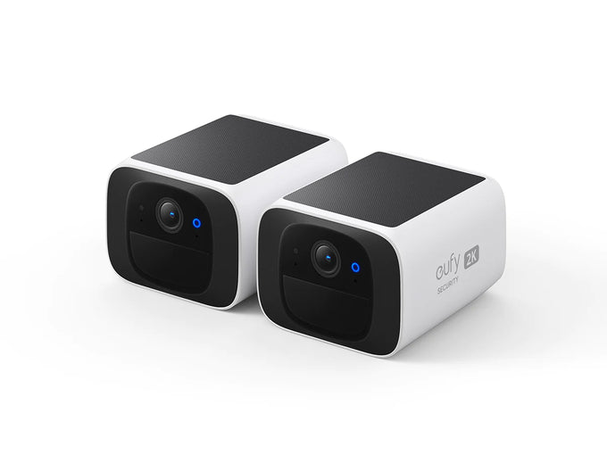 Eufy SoloCam 2K twin pack solar-powered wireless security cameras with AI detection, no fees, at Kean’s Claremorris. –