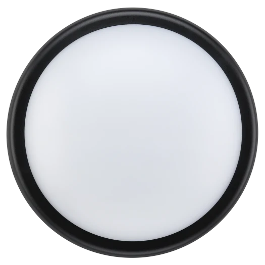 Eco Mini Round Bulkhead light with black trim and white diffuser, front view.