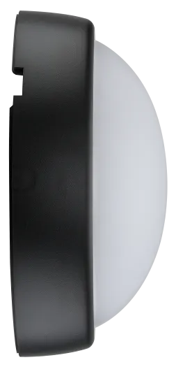 Eco Mini Round Bulkhead light with black trim and white diffuser, side view on white background.