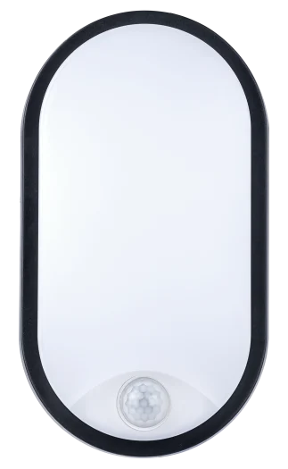Eco Oval Bulkhead PIR light with black trim, white diffuser, and motion sensor at the bottom center.