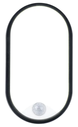 Eco Oval Bulkhead PIR light with black trim, illuminated, showing sensor at bottom center.