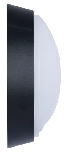 Side view of Eco Round Bulkhead PIR light with black trim and white diffuser, IP54 rated, 10W 4000K 700lm.