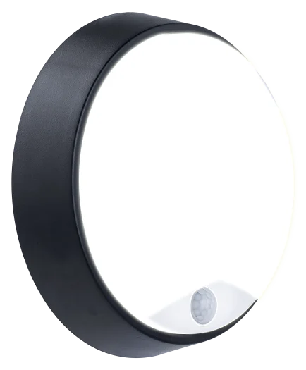 Eco Round Bulkhead PIR outdoor light with black body, white front, and integrated motion sensor.