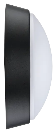 Black-trimmed Eco Round Bulkhead light with white diffuser, side view showing slim profile