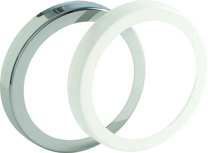 Chrome circular bulkhead light fixture with a separate white diffuser ring for indoor use