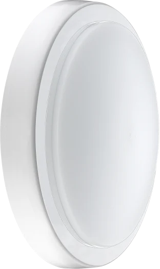 Luceco 220mm white indoor bulkhead light with smooth round diffuser and white bezel, side angle view.