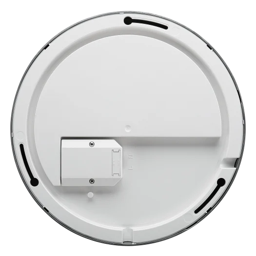 Top view of a white 280mm Decor Indoor Bulkhead light with chrome trim and wiring compartment.