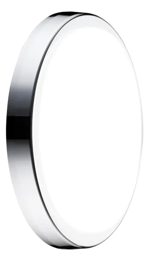 Round Luceco indoor bulkhead light with white diffuser and chrome bezel, side angle view.