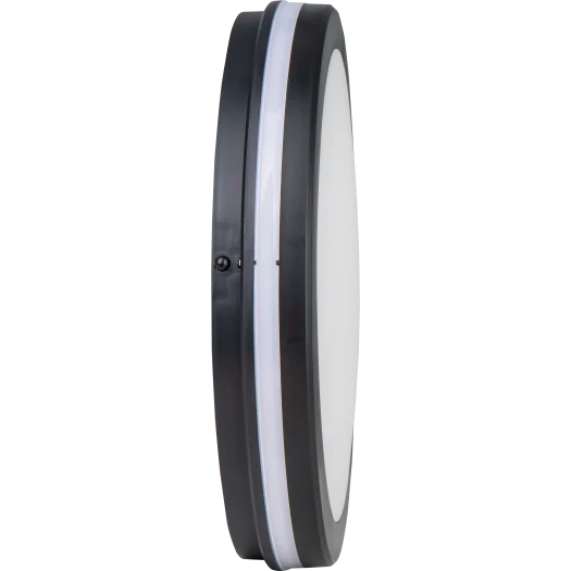 Side profile of a black Circulus Bulkhead IP65 Ø300mm 24W 2900lm CCT ceiling light