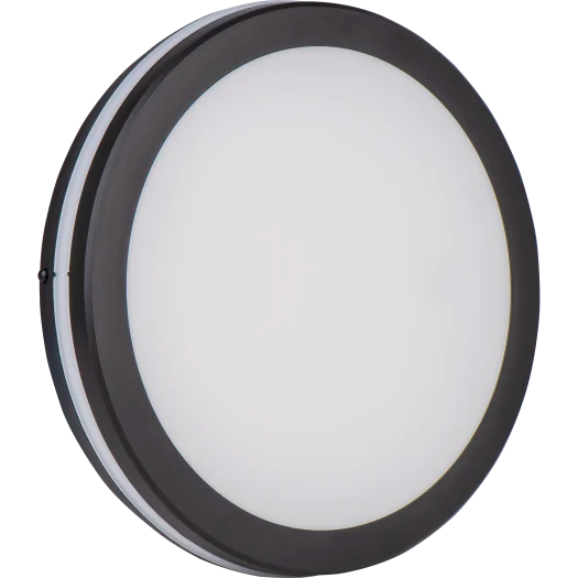 Black round Luceco Circulus outdoor bulkhead light with white diffuser and slim profile, angled view.