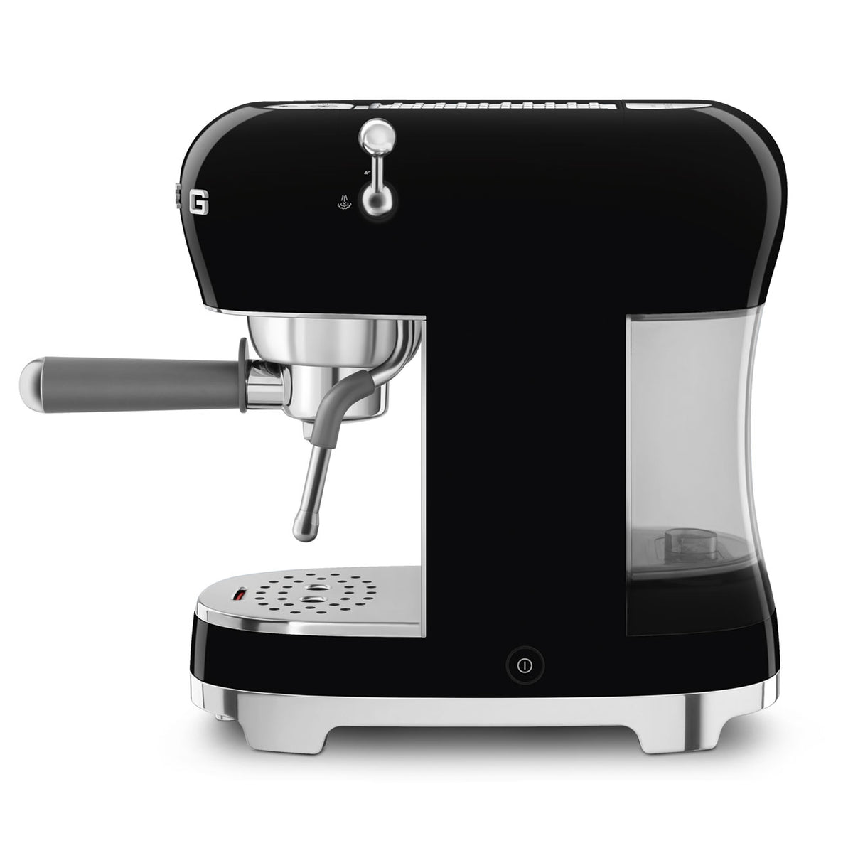 Black Smeg 50’s Style Espresso Coffee Maker with silver accents and steam wand, side view on white background