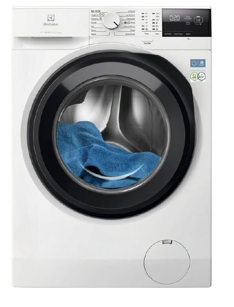 Electrolux Sensicare 10kg front-load washing machine in white with dark grey door and blue towel inside drum.