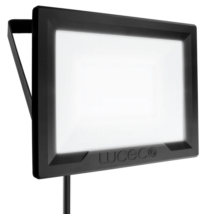 Luceco Essence 100W black LED floodlight with illuminated panel and ball-joint bracket visible from front angle