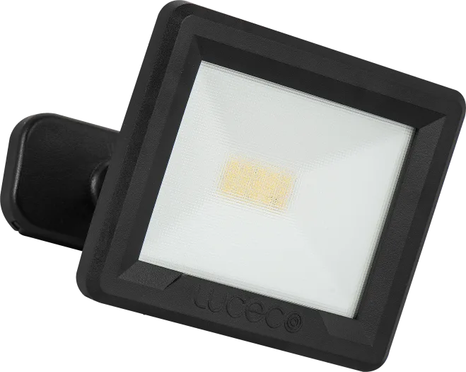 Luceco Essence 10W black floodlight with ball joint mount and frosted glass diffuser, angled view.