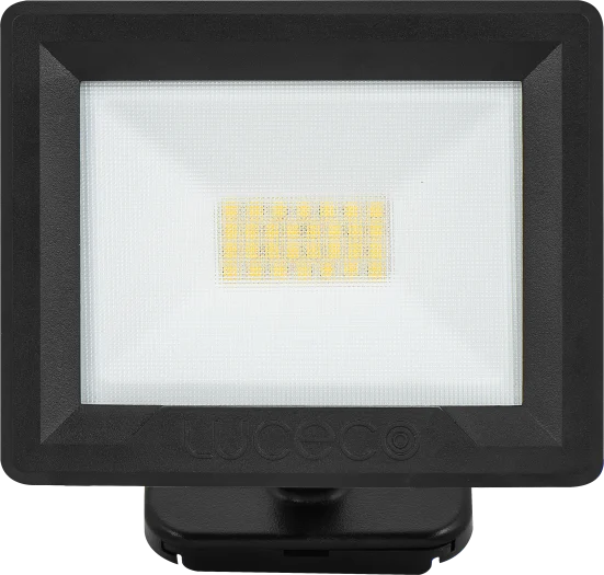 Luceco Essence 20W black floodlight with visible LED panel and ball joint mount, front view.