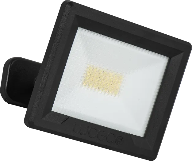 Black Luceco Essence 20W LED floodlight with ball-joint bracket, angled front view showing LED panel.