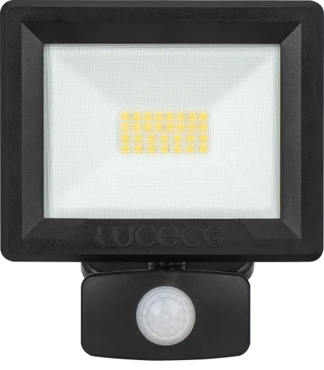 Front view of Luceco Essence 20W black LED floodlight with PIR sensor and visible LED panel.