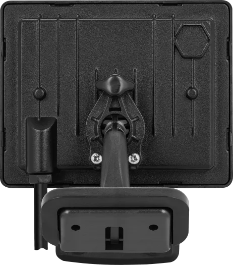 Back view of Luceco Essence 20W PIR floodlight in black showing mounting bracket and cable connection.
