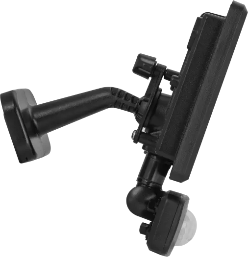 Side view of Luceco Essence 20W black PIR floodlight with adjustable mounting arm and sensor.