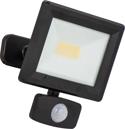 Black Luceco Essence 20W PIR floodlight with motion sensor and square LED panel, front view.