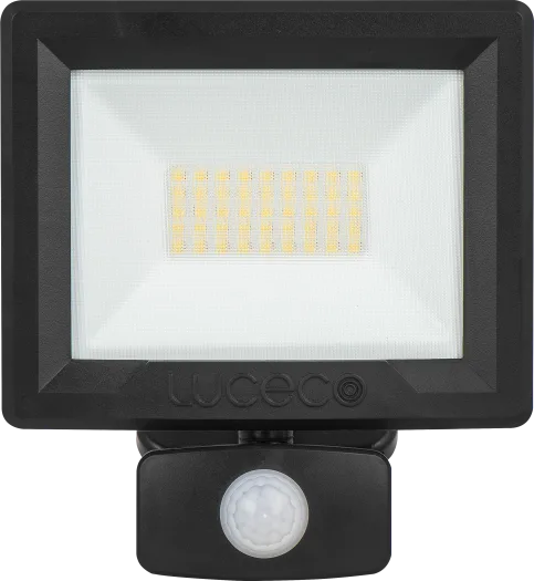 Black Luceco Essence 30W PIR floodlight with visible LED array and motion sensor below the light panel