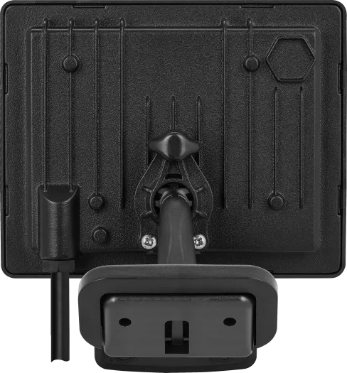 Rear view of Luceco Essence 30W PIR floodlight showing mounting bracket and 1m cable connection.