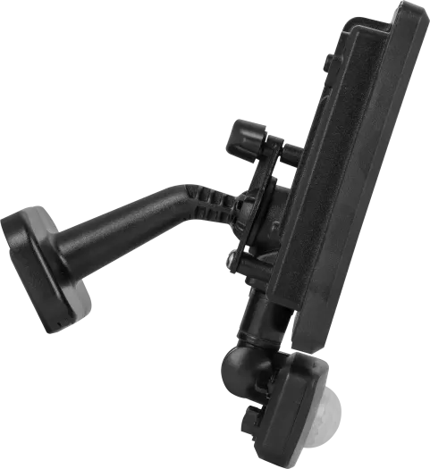 Side view of Luceco Essence 30W PIR floodlight in black with adjustable mounting bracket and sensor.