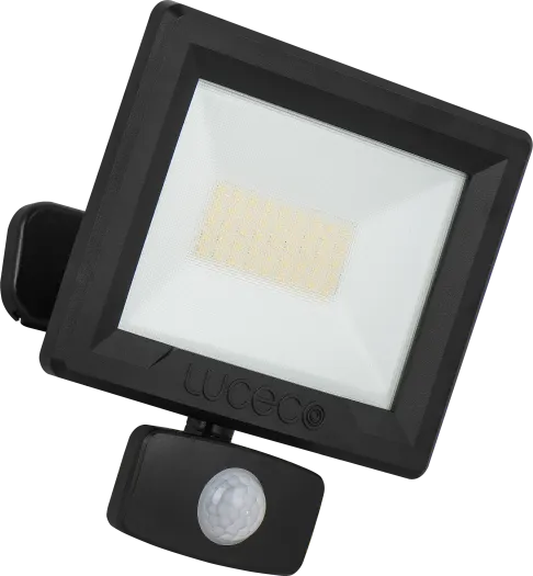 Luceco Essence 30W black PIR LED floodlight with motion sensor and ball-joint bracket, front view.