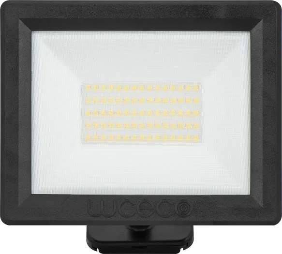 Luceco Essence 50W black floodlight with visible LED array and ball joint mount, front view.