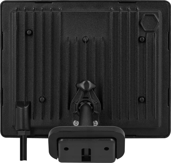 Back view of Luceco Essence 50W black floodlight showing heat sink, ball joint, and 1m cable connection.