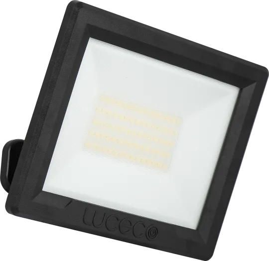 Luceco Essence 50W black LED floodlight with ball-joint bracket and visible LED panel front view