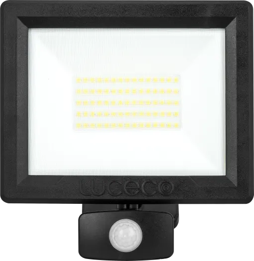 Luceco Essence 50W black floodlight with PIR sensor and visible LED array behind frosted glass panel