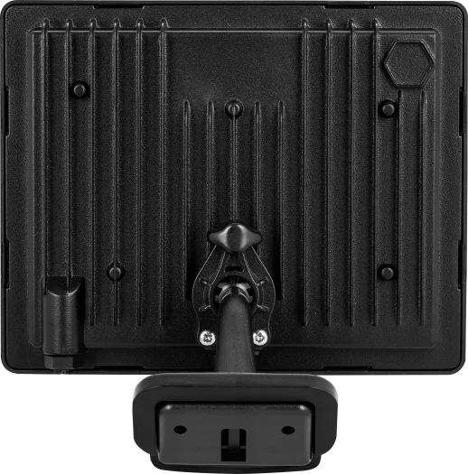 Back view of Luceco Essence 50W PIR floodlight in black with mounting bracket and 1m cable attached