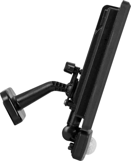 Side view of black Luceco Essence 50W PIR floodlight with adjustable mounting bracket and sensor.