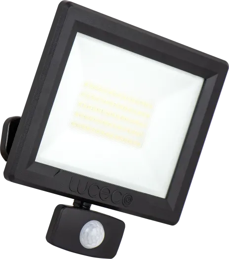 Luceco Essence 50W black LED floodlight with PIR sensor and ball-joint mount shown from front angle.