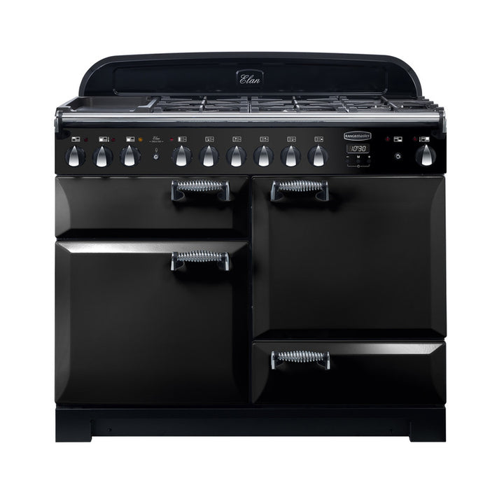 Rangemaster Elan 110cm dual fuel range cooker in black with multiple control knobs and four oven doors visible from front