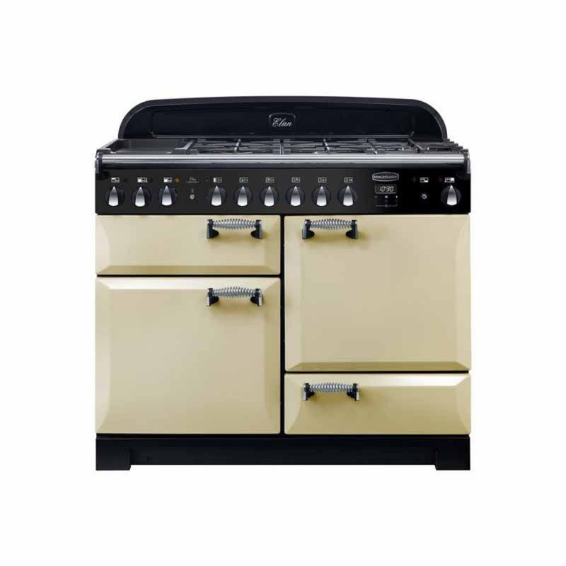 Rangemaster Elan 110cm dual fuel range cooker in cream with black control panel and silver knobs