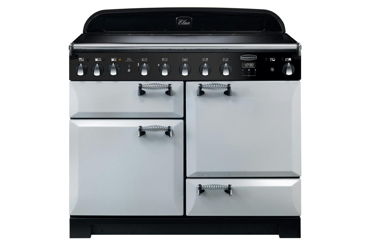 Rangemaster Elan 110cm dual fuel range cooker in cream with black control panel and silver handles.