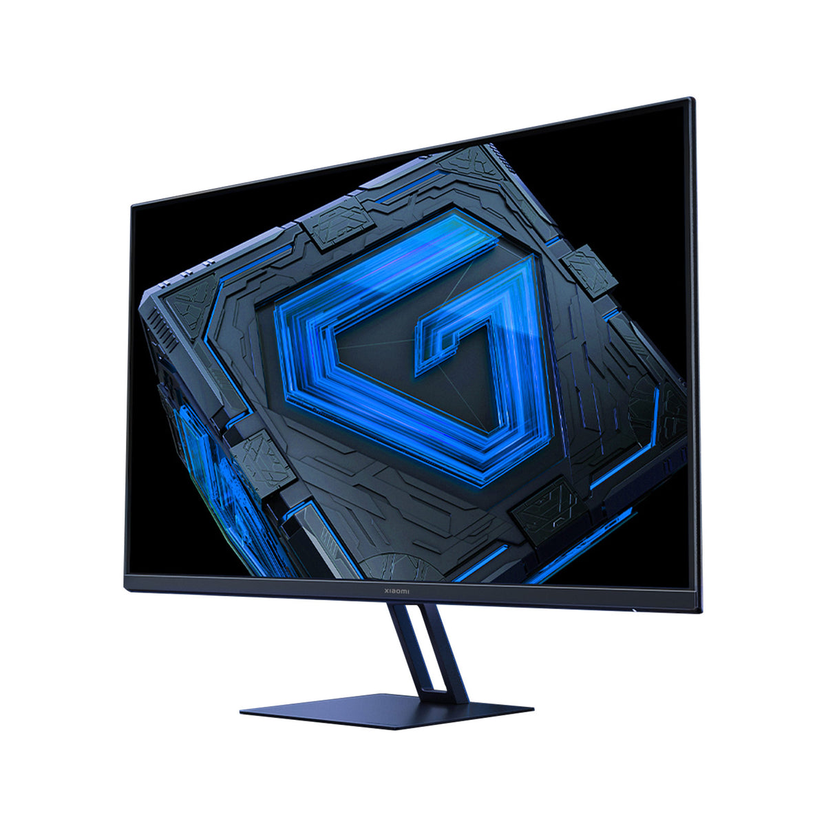 Xiaomi G27i 27-inch gaming monitor angled right, showing thin bezels and blue geometric cube on screen