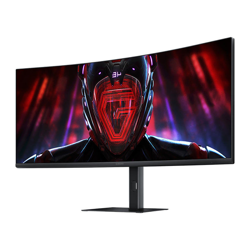 Curved Xiaomi G34i 34" WQHD gaming monitor showing a futuristic helmeted figure on screen