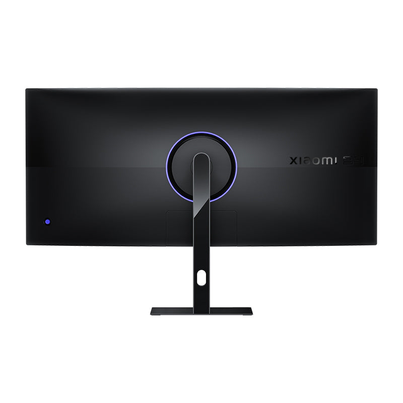Rear view of Xiaomi G34i 180Hz 34" WQHD gaming monitor with circular LED and slim stand.