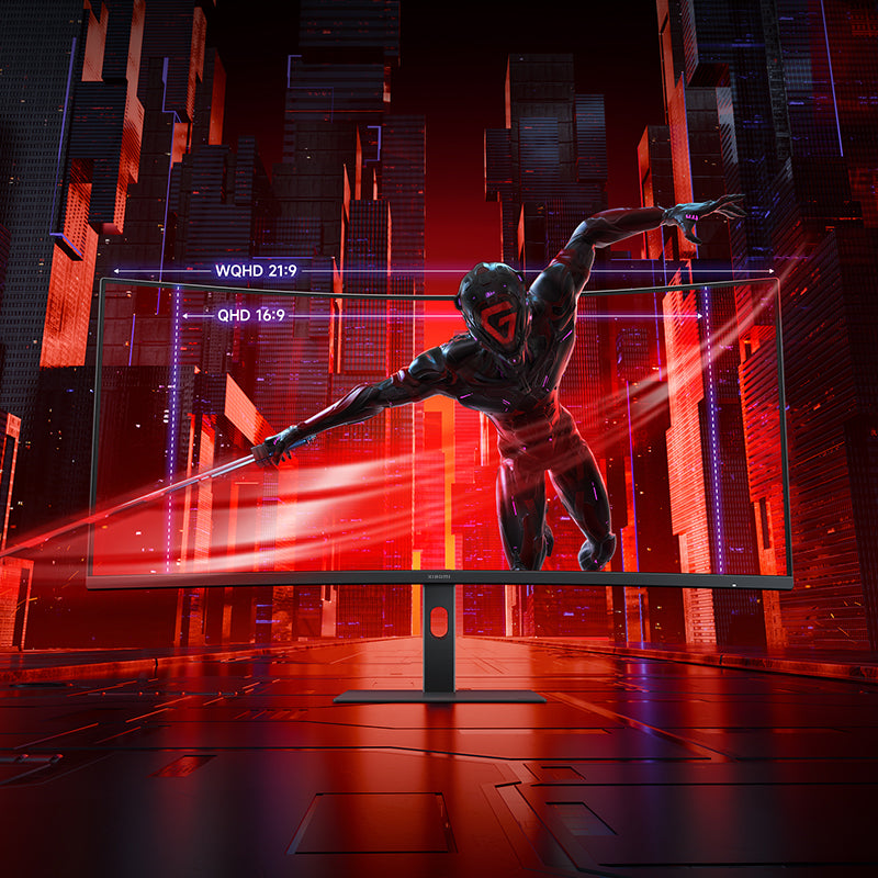 Xiaomi G34i 34" curved gaming monitor displaying a futuristic cityscape with a warrior figure and resolution ratio lines.