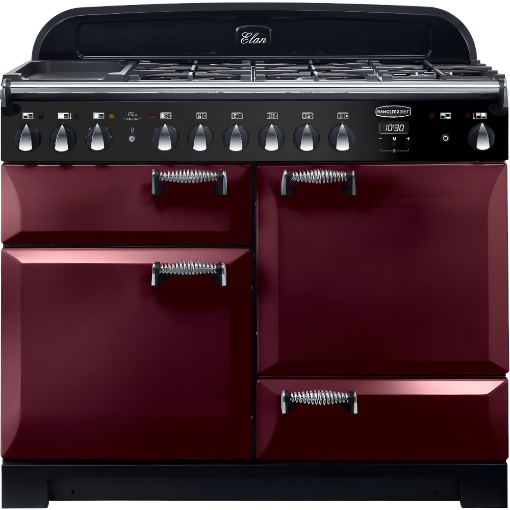 Rangemaster Elan 110cm dual fuel range cooker in burgundy with black top and silver handles and knobs