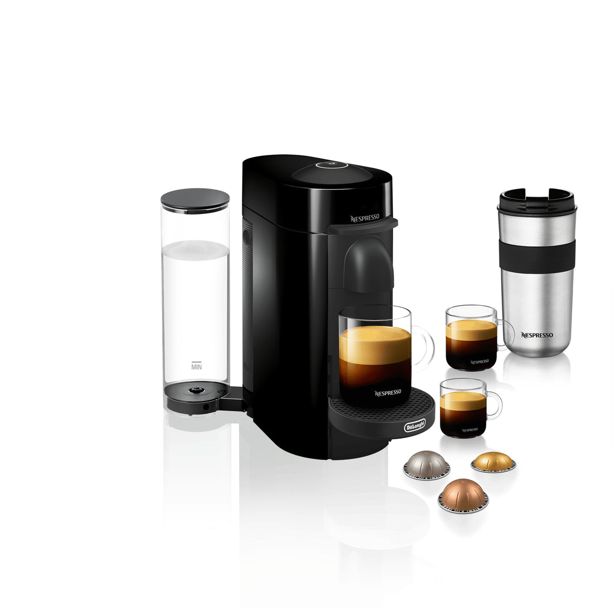 Delonghi Nespresso Vertuo Plus black coffee machine with water tank, capsules, two espresso cups, and travel mug