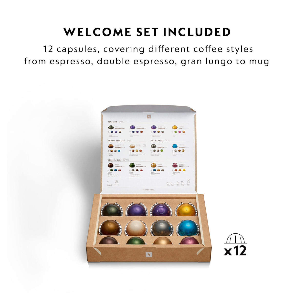 Open box of Nespresso coffee capsules showing 12 colorful capsules and a guide to coffee styles.