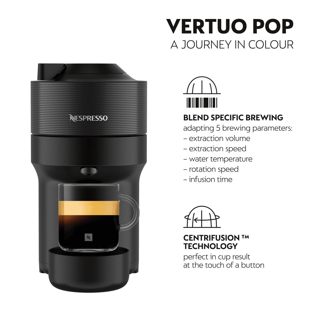 Delonghi Nespresso Vertuo Pop coffee machine in black with a glass of espresso beneath the spout.