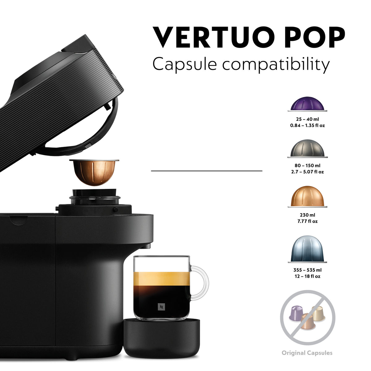 Delonghi Nespresso Vertuo Pop coffee machine in black with a glass of brewed coffee and capsule compatibility chart.