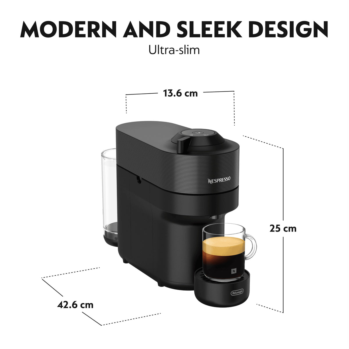 Delonghi Nespresso Vertuo Pop black coffee machine with a glass of espresso on the drip tray and water tank visible behind.