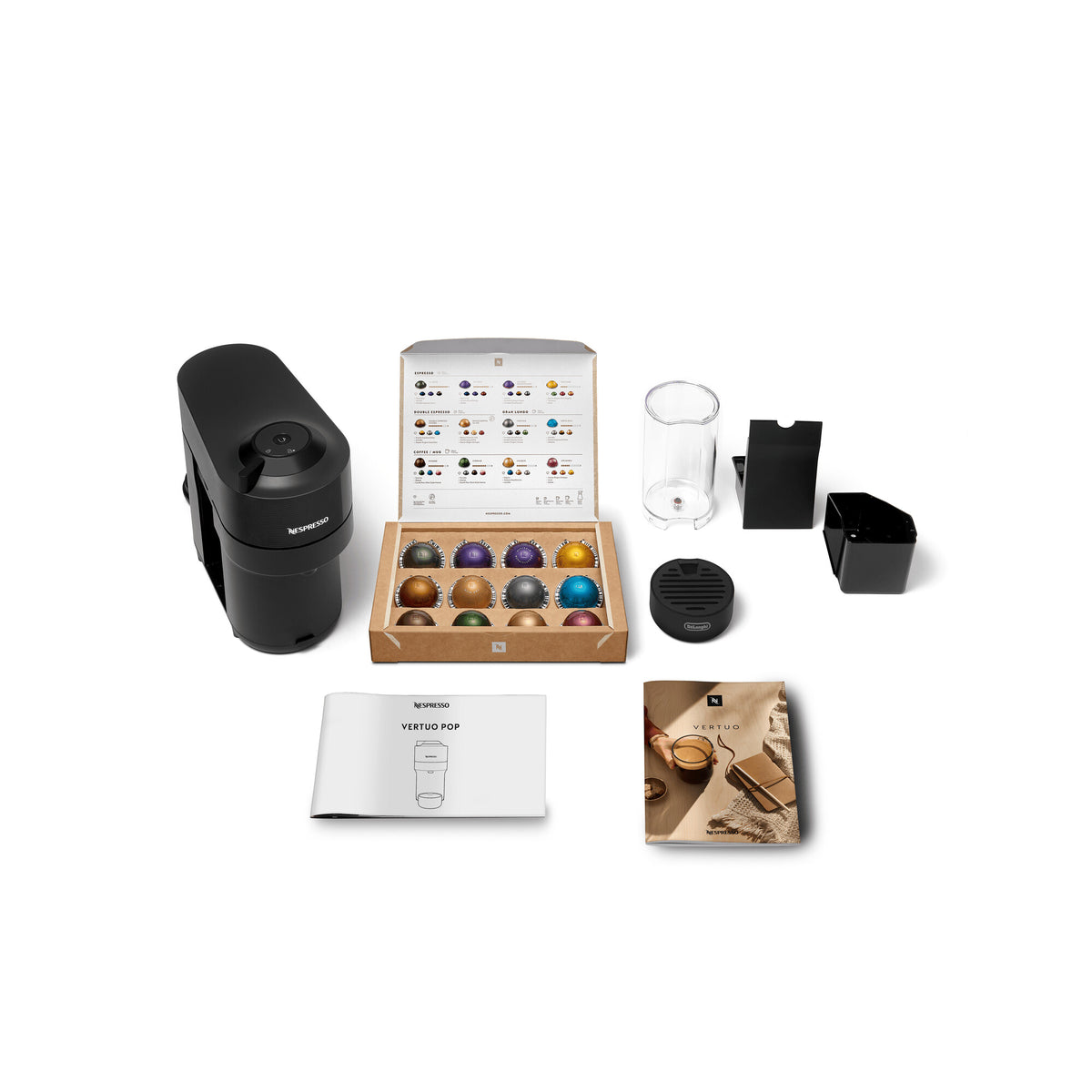Delonghi Nespresso Vertuo Pop coffee machine in black with capsule box, water tank, and accessories on white background