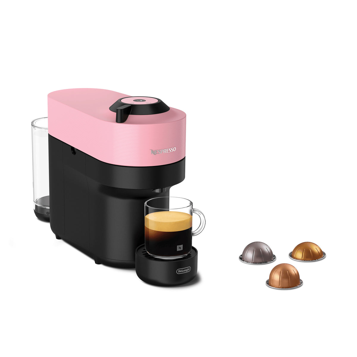 Delonghi Nespresso Vertuo Pop coffee machine in pink and black with a glass of espresso and three coffee capsules.